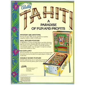 Bally Tahiti Pinball Machine Promotional Flyer Retro 1979 Vintage Arcade